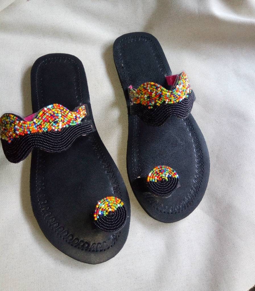 Handmade African Beaded Sandals/Authentic Maasai-Style Leather Flip-Flops Women/Boho Beach Sandals/Comfortable Summer Sandal African Gifts