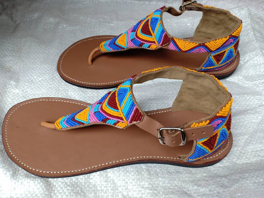 Handmade African Beaded Sandals/Authentic Maasai-Style Leather Flip-Flops Women/Boho Beach Sandals/Comfortable Summer Sandal African Gifts