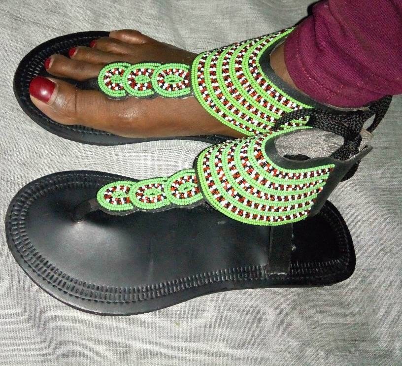 Handmade African Beaded Sandals/Authentic Maasai-Style Leather Flip-Flops Women/Boho Beach Sandals/Comfortable Summer Sandal African Gifts