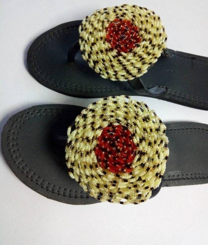 Handmade African Beaded Sandals/Authentic Maasai-Style Leather Flip-Flops Women/Boho Beach Sandals/Comfortable Summer Sandal African Gifts