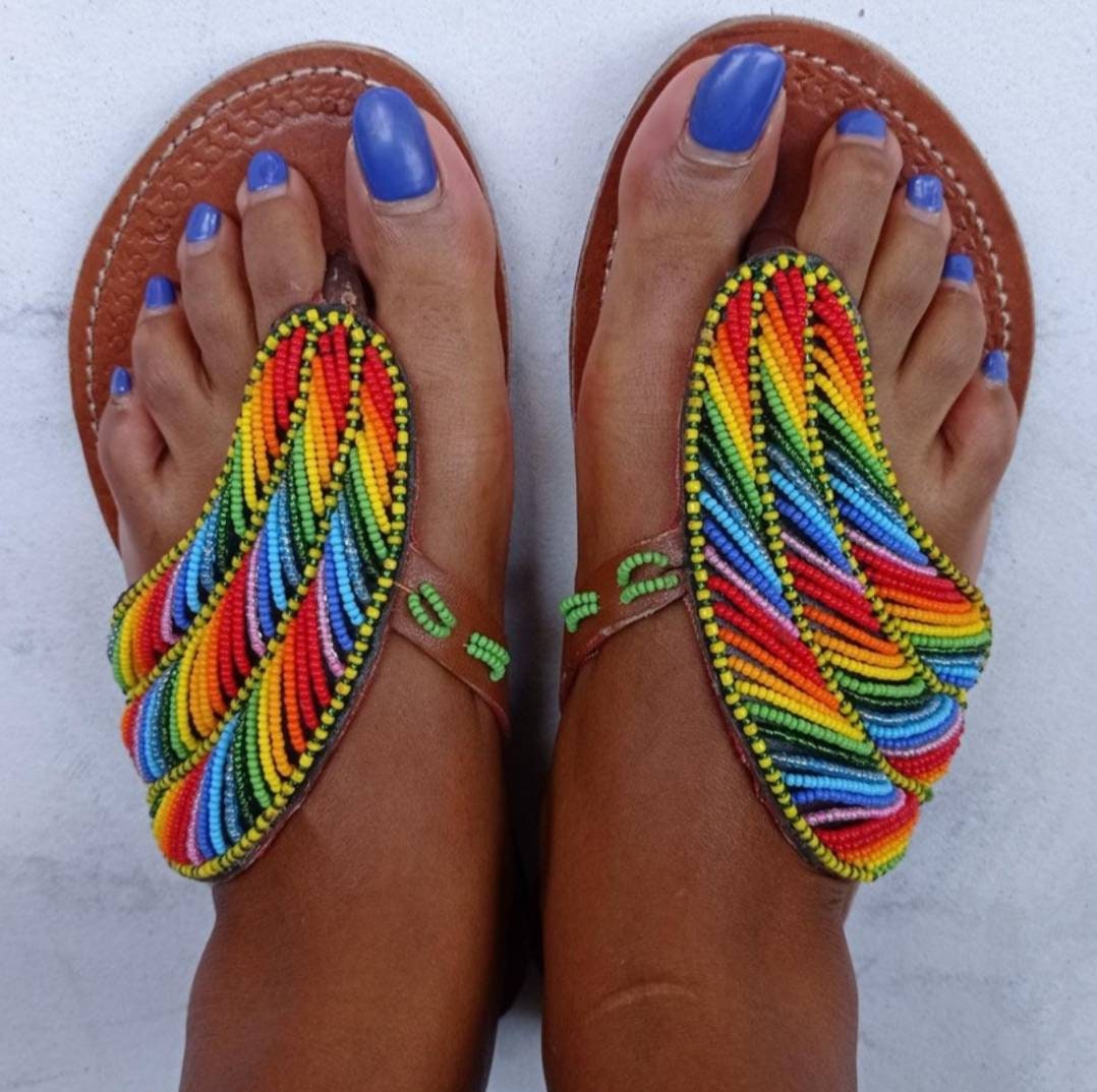 Handmade African Beaded Sandals/Authentic Maasai-Style Leather Flip-Flops Women/Boho Beach Sandals/Comfortable Summer Sandal African Gifts