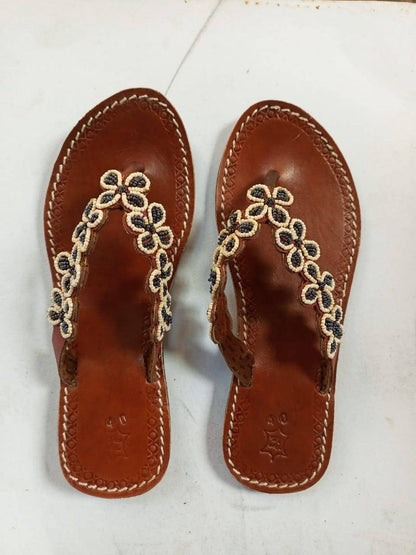 Handmade African Beaded Sandals/Authentic Maasai-Style Leather Flip-Flops Women/Boho Beach Sandals/Comfortable Summer Sandal African Gifts