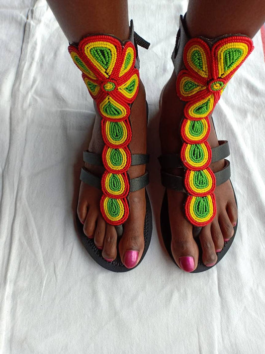 Handmade African Beaded Sandals/Authentic Maasai-Style Leather Flip-Flops Women/Boho Beach Sandals/Comfortable Summer Sandal African Gifts