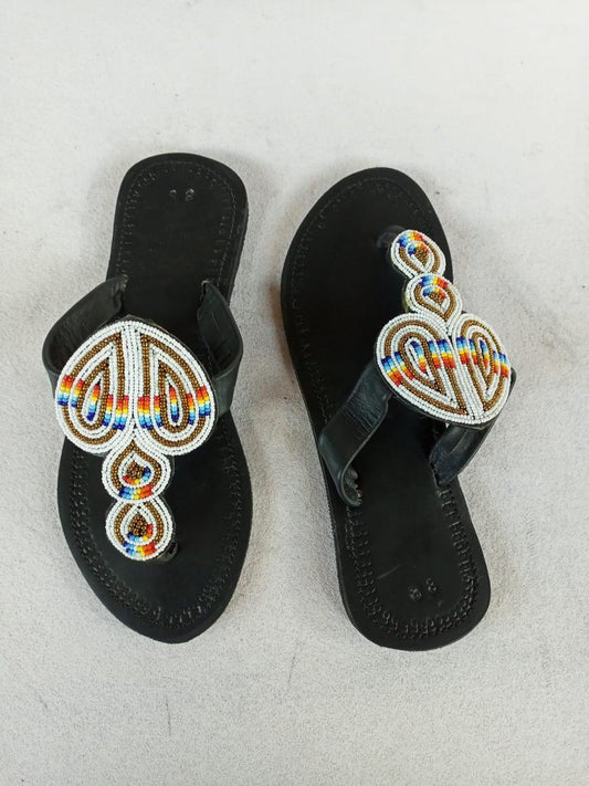 Handmade African Beaded Sandals/Authentic Maasai-Style Leather Flip-Flops Women/Boho Beach Sandals/Comfortable Summer Sandal African Gifts