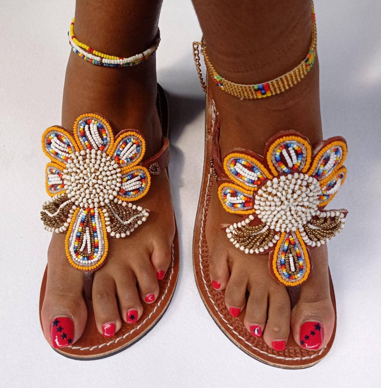 Handmade African Beaded Sandals/Authentic Maasai-Style Leather Flip-Flops Women/Boho Beach Sandals/Comfortable Summer Sandal African Gifts