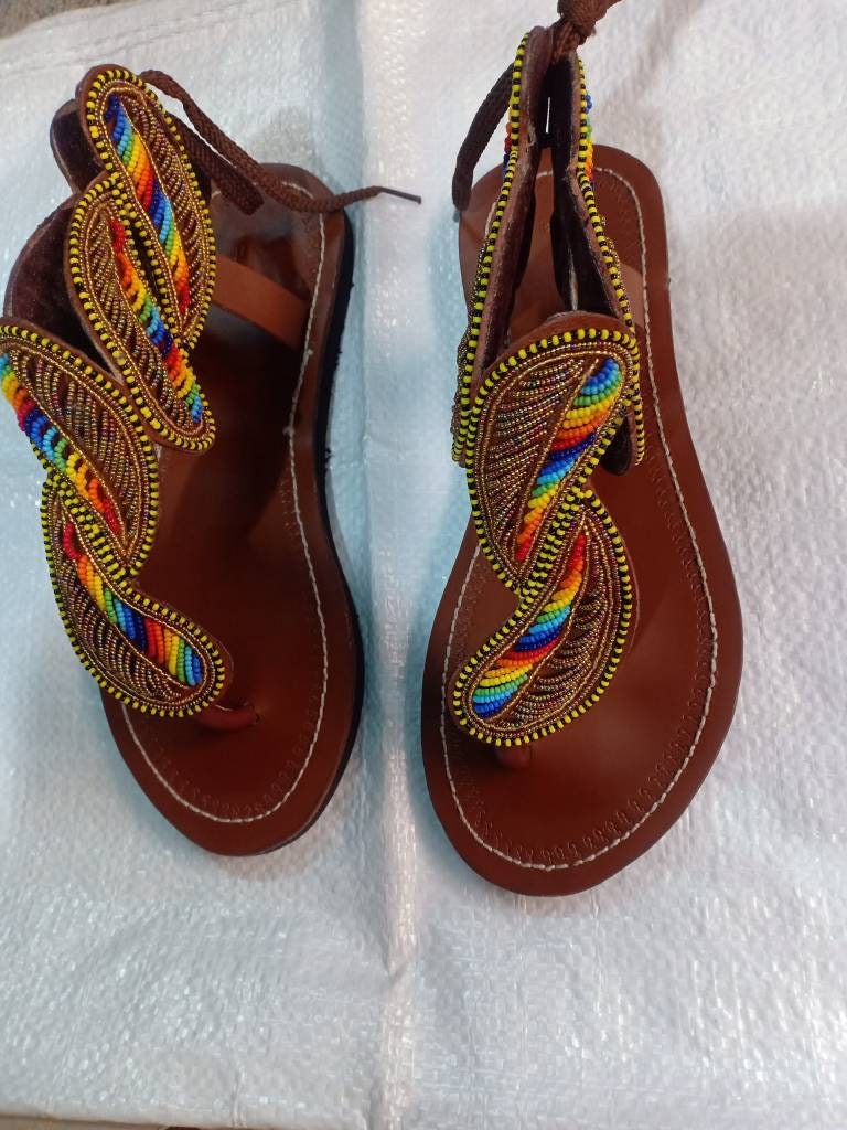 Handmade African Beaded Sandals/Authentic Maasai-Style Leather Flip-Flops Women/Boho Beach Sandals/Comfortable Summer Sandal African Gifts