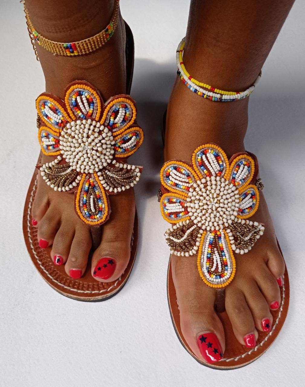 Handmade African Beaded Sandals/Authentic Maasai-Style Leather Flip-Flops Women/Boho Beach Sandals/Comfortable Summer Sandal African Gifts