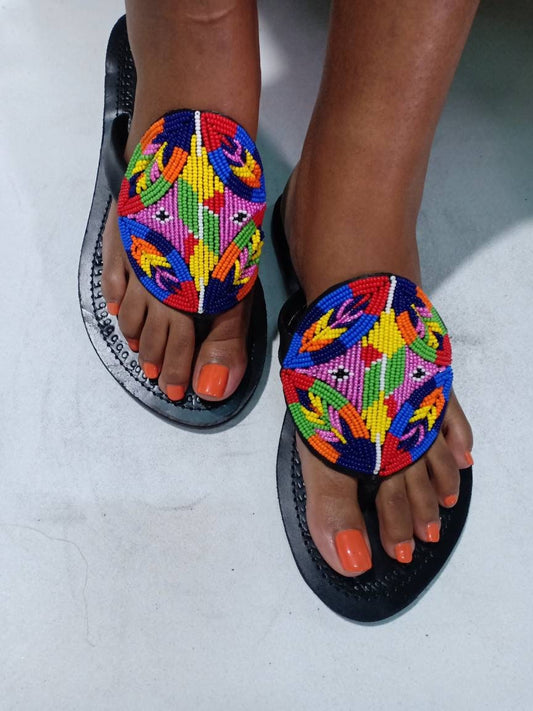 Handmade African Beaded Sandals/Authentic Maasai-Style Leather Flip-Flops Women/Boho Beach Sandals/Comfortable Summer Sandal African Gifts