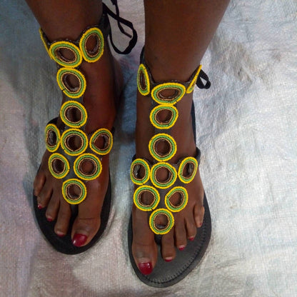 Handmade African Beaded Sandals/Authentic Maasai-Style Leather Flip-Flops Women/Boho Beach Sandals/Comfortable Summer Sandal African Gifts