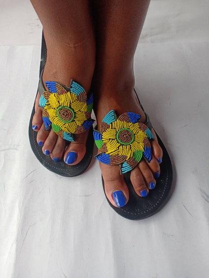 Handmade African Beaded Sandals/Authentic Maasai-Style Leather Flip-Flops Women/Boho Beach Sandals/Comfortable Summer Sandal African Gifts