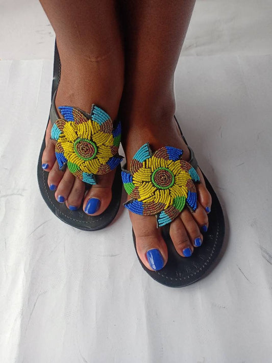 Handmade African Beaded Sandals/Authentic Maasai-Style Leather Flip-Flops Women/Boho Beach Sandals/Comfortable Summer Sandal African Gifts
