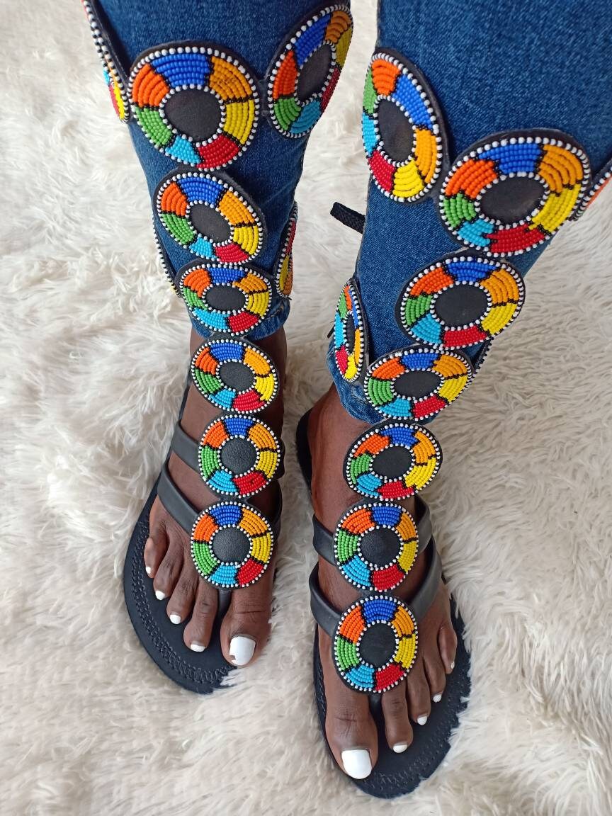 Handmade African Beaded Sandals/Authentic Maasai-Style Leather Flip-Flops Women/Boho Beach Sandals/Comfortable Summer Sandal African Gifts