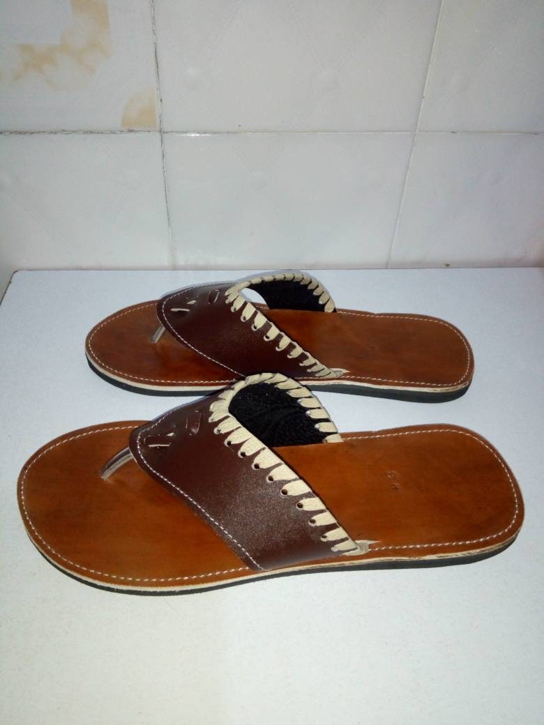 Handmade African Men's Sandals/Genuine Leather Beaded Flip-Flops/Comfortable Summer Sandals for Men/African Shoes/Unique Gift for Him