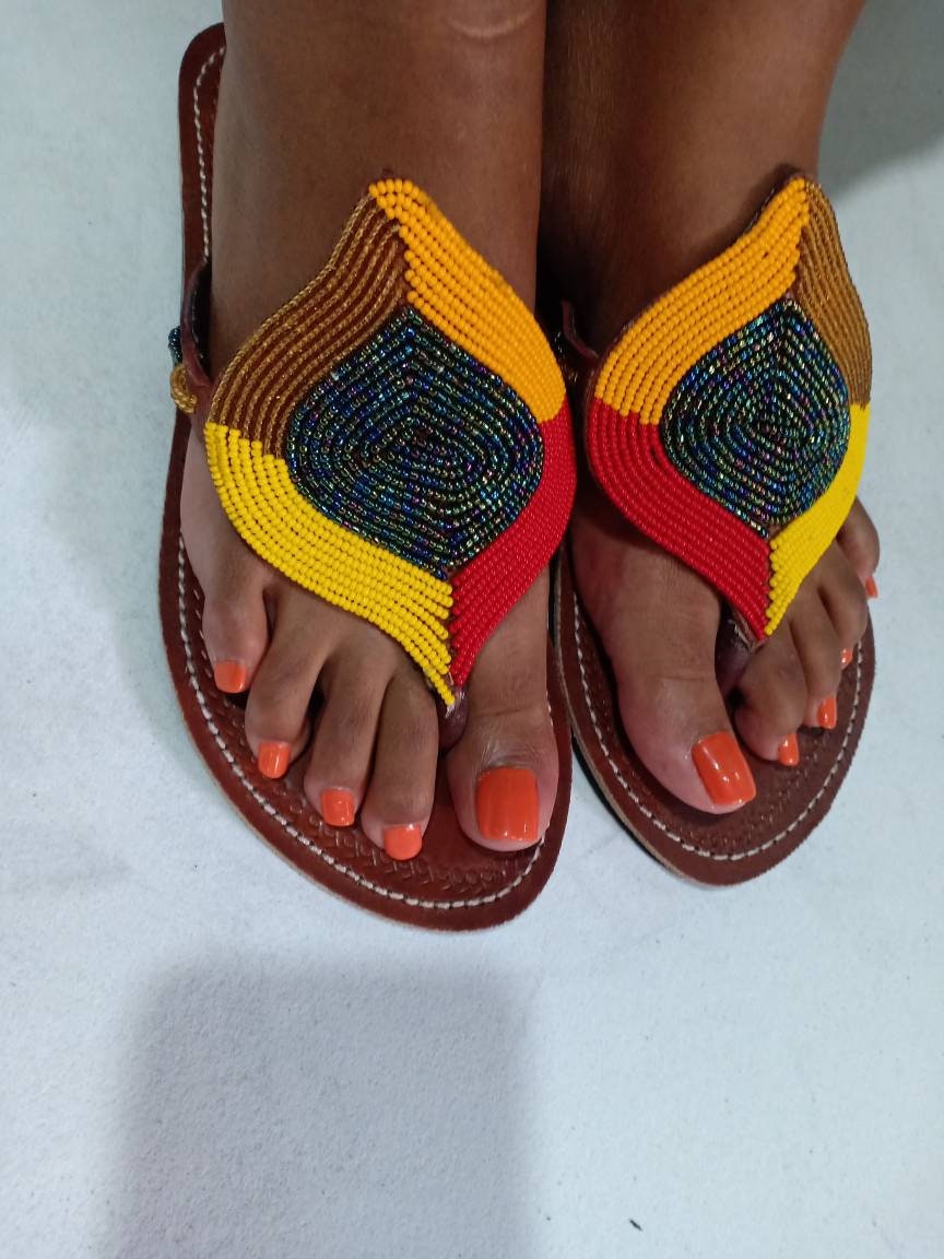 Handmade African Beaded Sandals/Authentic Maasai-Style Leather Flip-Flops Women/Boho Beach Sandals/Comfortable Summer Sandal African Gifts