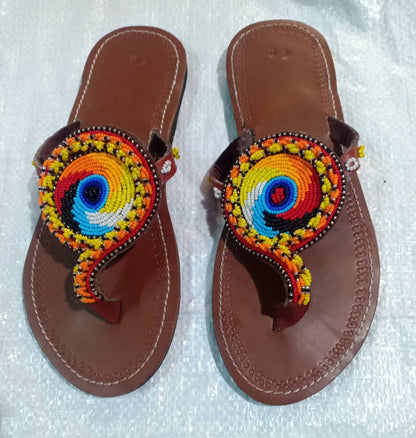 Handmade African Beaded Sandals/Authentic Maasai-Style Leather Flip-Flops Women/Boho Beach Sandals/Comfortable Summer Sandal African Gifts