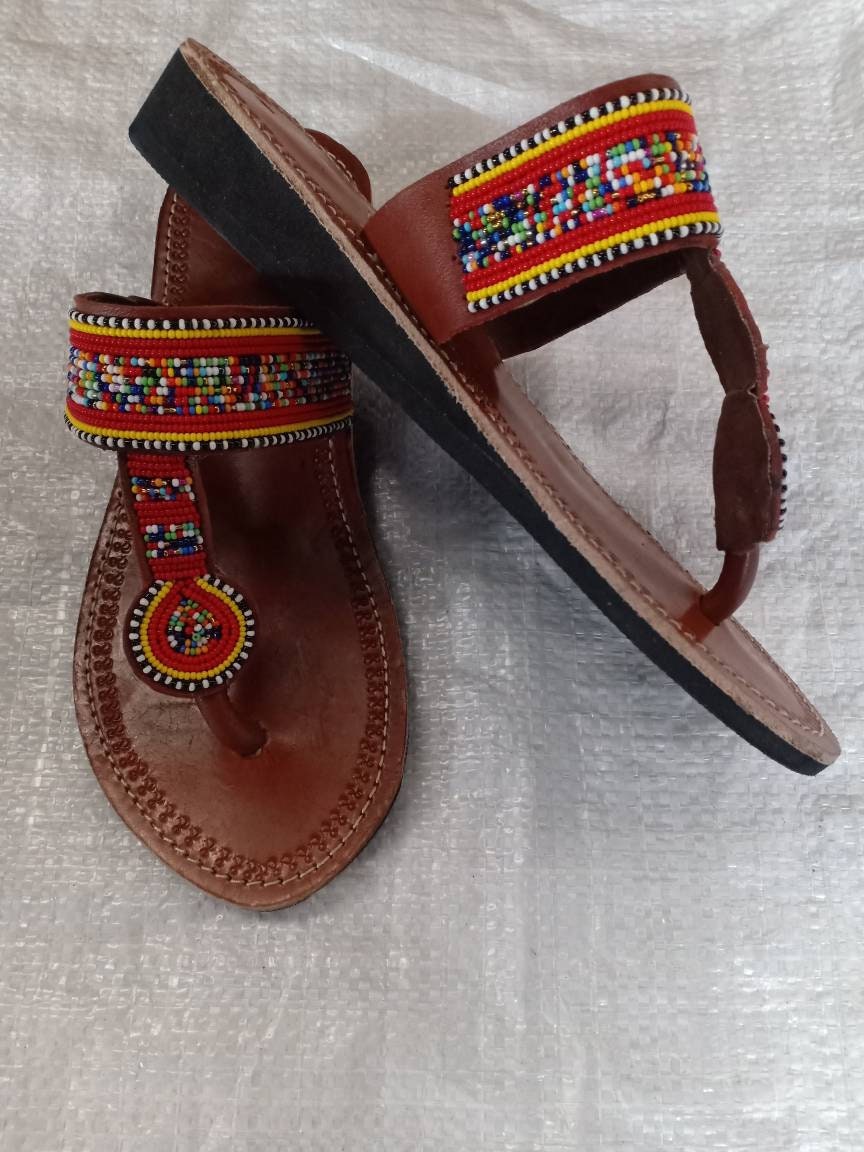 Handmade African Beaded Sandals/Authentic Maasai-Style Leather Flip-Flops Women/Boho Beach Sandals/Comfortable Summer Sandal African Gifts