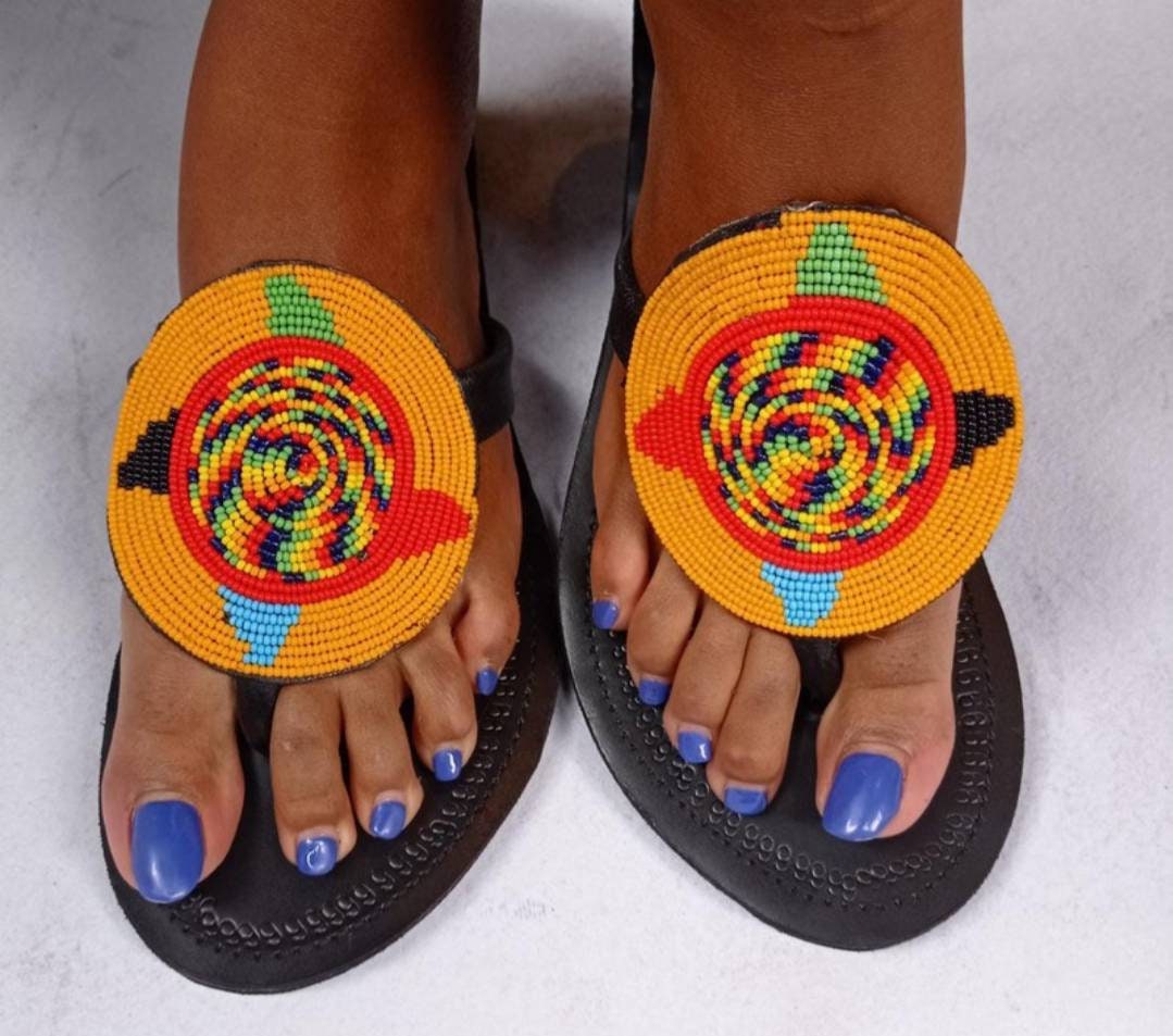 Handmade African Beaded Sandals/Authentic Maasai-Style Leather Flip-Flops Women/Boho Beach Sandals/Comfortable Summer Sandal African Gifts