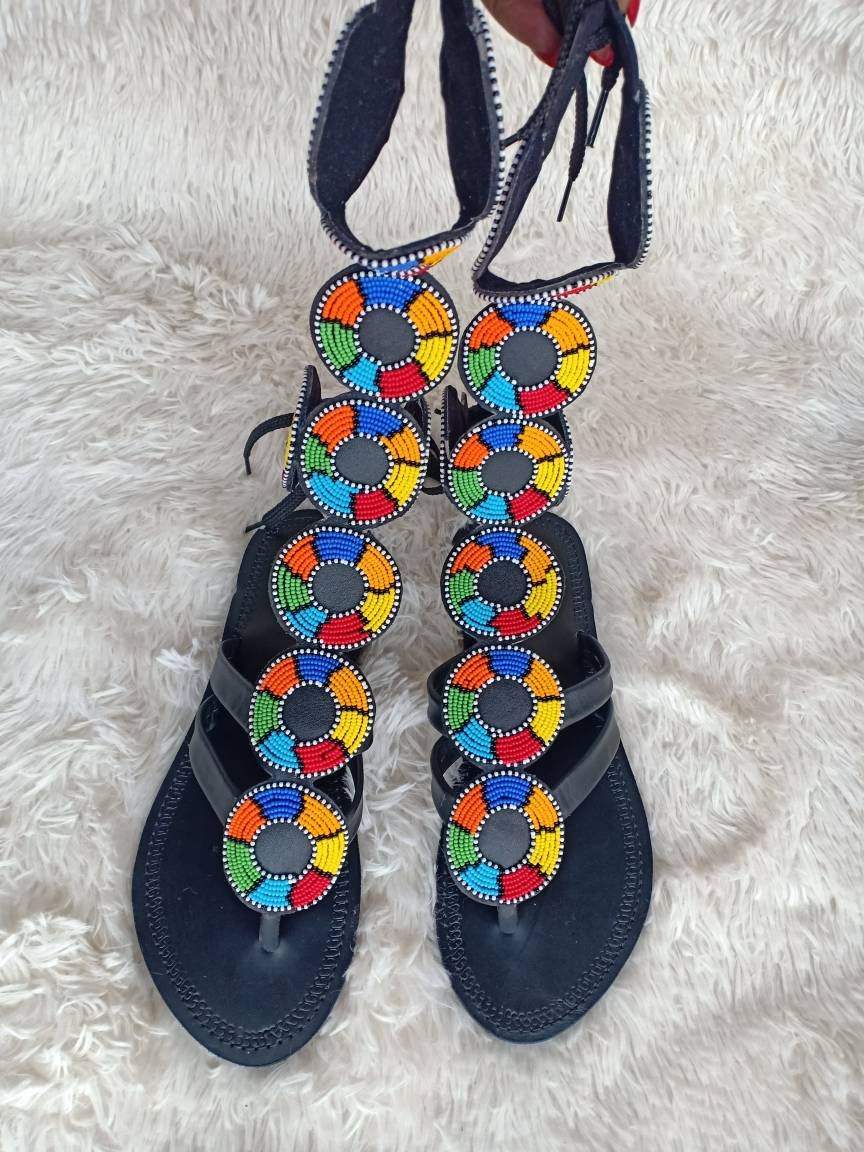 Handmade African Beaded Sandals/Authentic Maasai-Style Leather Flip-Flops Women/Boho Beach Sandals/Comfortable Summer Sandal African Gifts