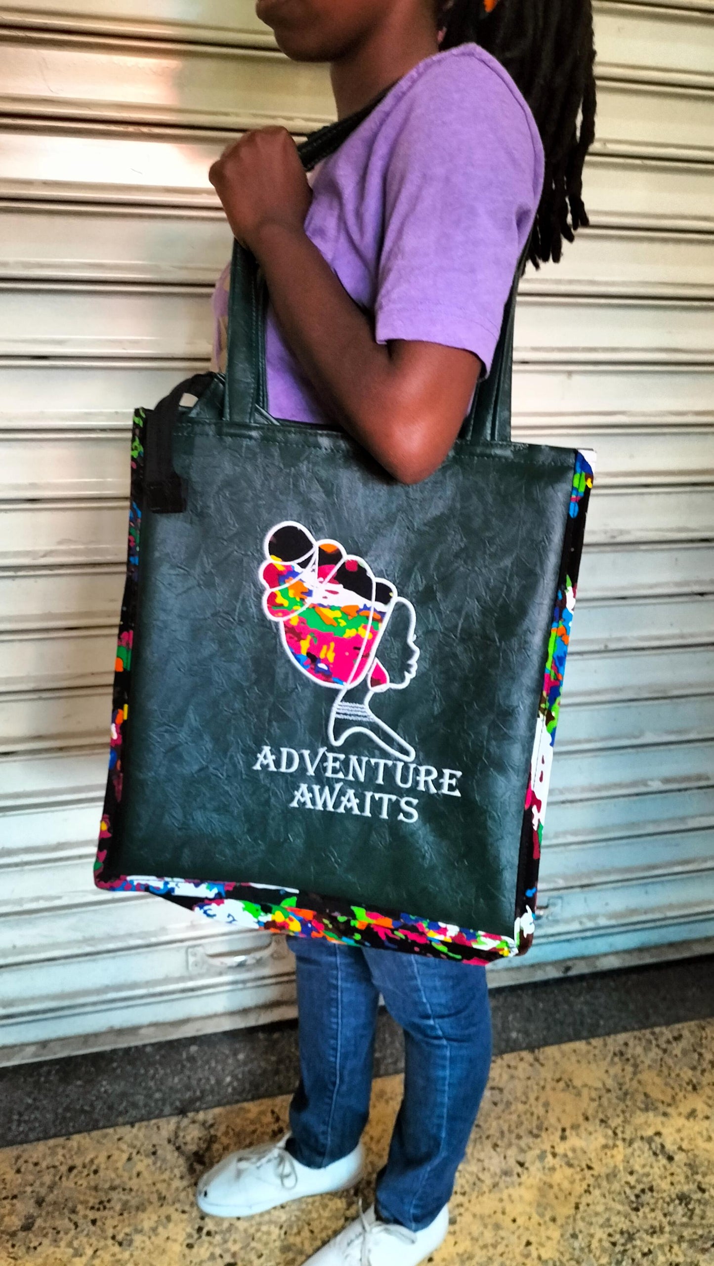 Adventure awaits tote,African Leather Tote bag, handcrafted laptop bag,Black woman modern African tote bag, Stylish tote bag,Brown girl bag.