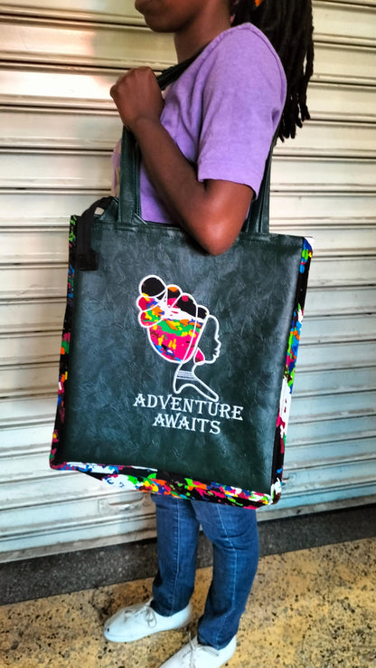 Adventure awaits tote,African Leather Tote bag, handcrafted laptop bag,Black woman modern African tote bag, Stylish tote bag,Brown girl bag.