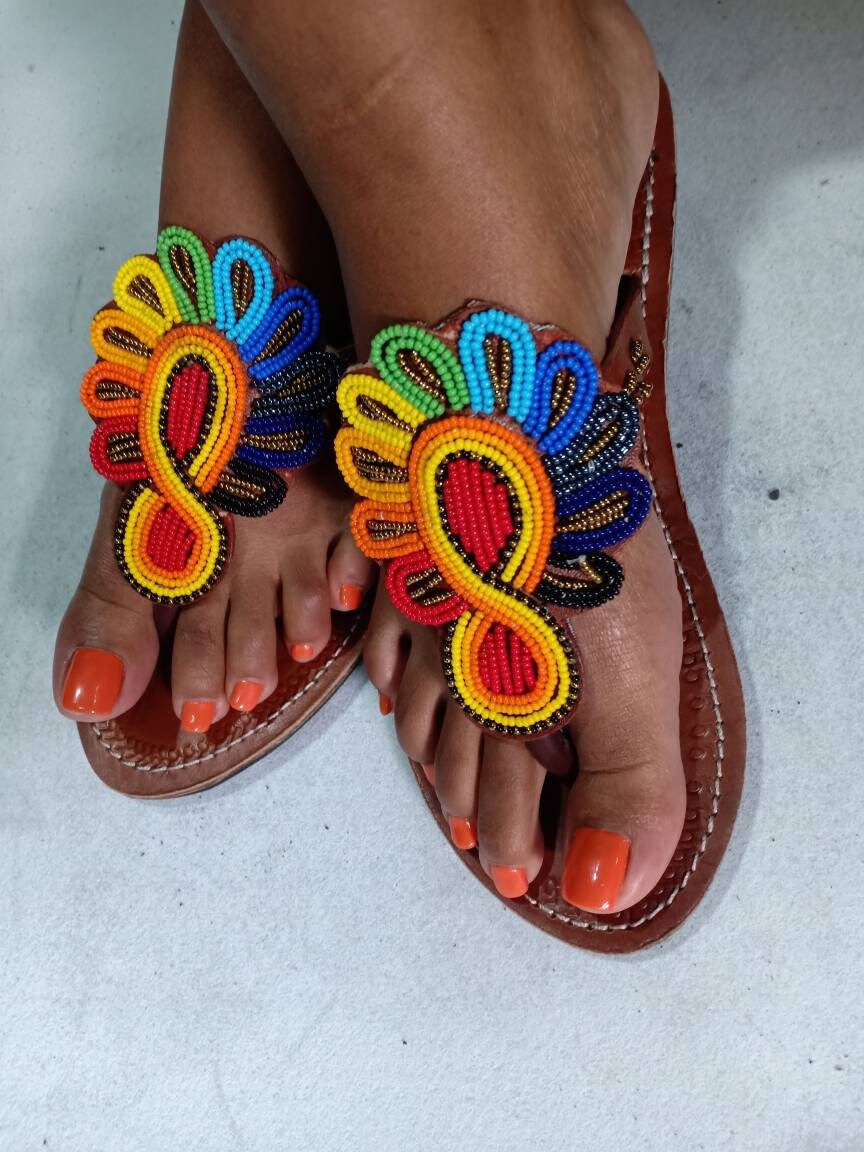 Handmade African Beaded Sandals/Authentic Maasai-Style Leather Flip-Flops Women/Boho Beach Sandals/Comfortable Summer Sandal African Gifts