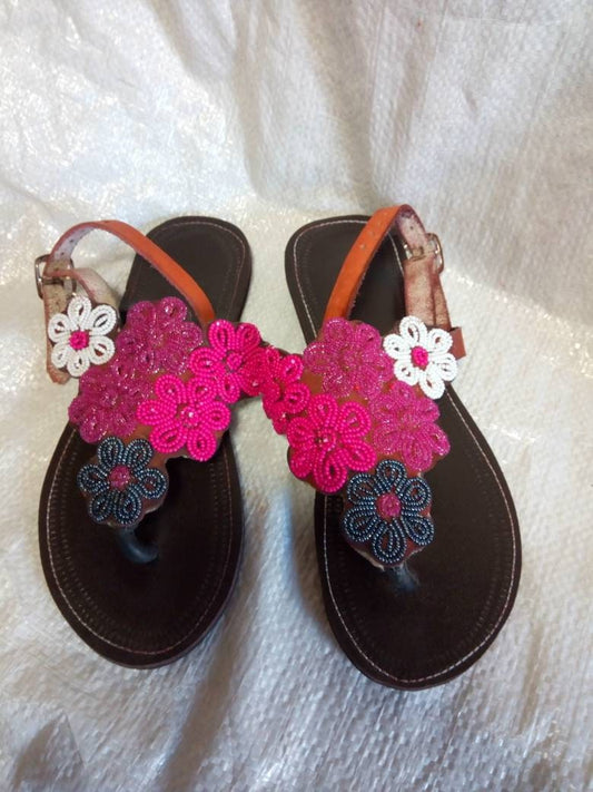 Handmade African Beaded Sandals/Authentic Maasai-Style Leather Flip-Flops Women/Boho Beach Sandals/Comfortable Summer Sandal African Gifts