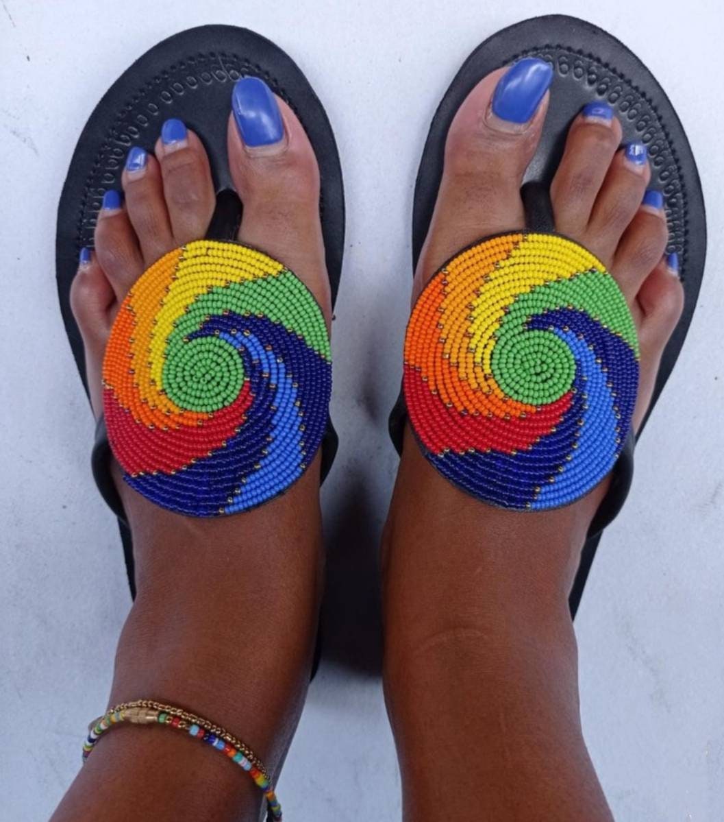 Handmade African Beaded Sandals/Authentic Maasai-Style Leather Flip-Flops Women/Boho Beach Sandals/Comfortable Summer Sandal African Gifts