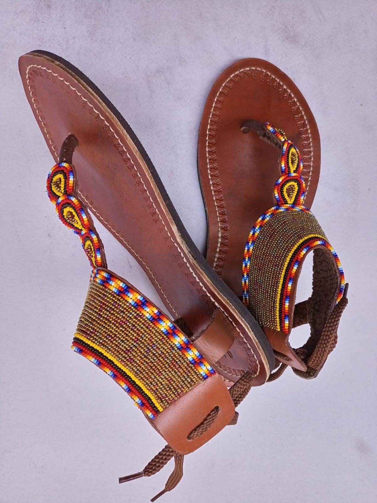 Handmade African Beaded Sandals/Authentic Maasai-Style Leather Flip-Flops Women/Boho Beach Sandals/Comfortable Summer Sandal African Gifts