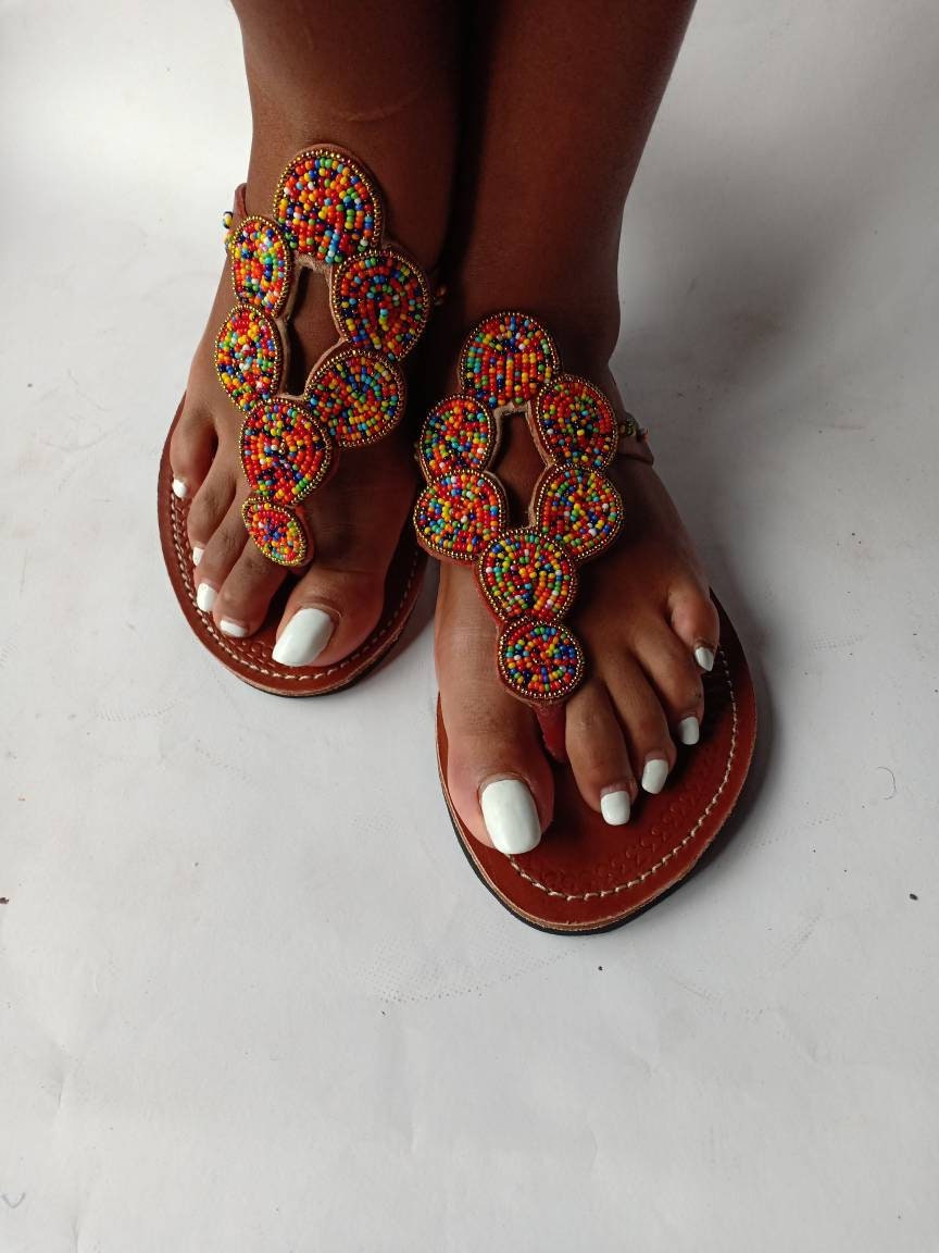 Handmade African Beaded Sandals/Authentic Maasai-Style Leather Flip-Flops Women/Boho Beach Sandals/Comfortable Summer Sandal African Gifts