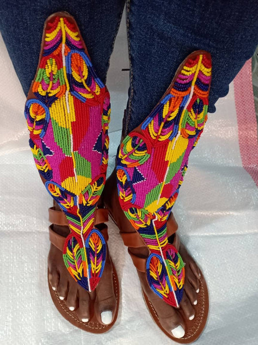 Handmade African Beaded Sandals/Authentic Maasai-Style Leather Flip-Flops Women/Boho Beach Sandals/Comfortable Summer Sandal African Gifts