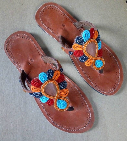 Handmade African Beaded Sandals/Authentic Maasai-Style Leather Flip-Flops Women/Boho Beach Sandals/Comfortable Summer Sandal African Gifts