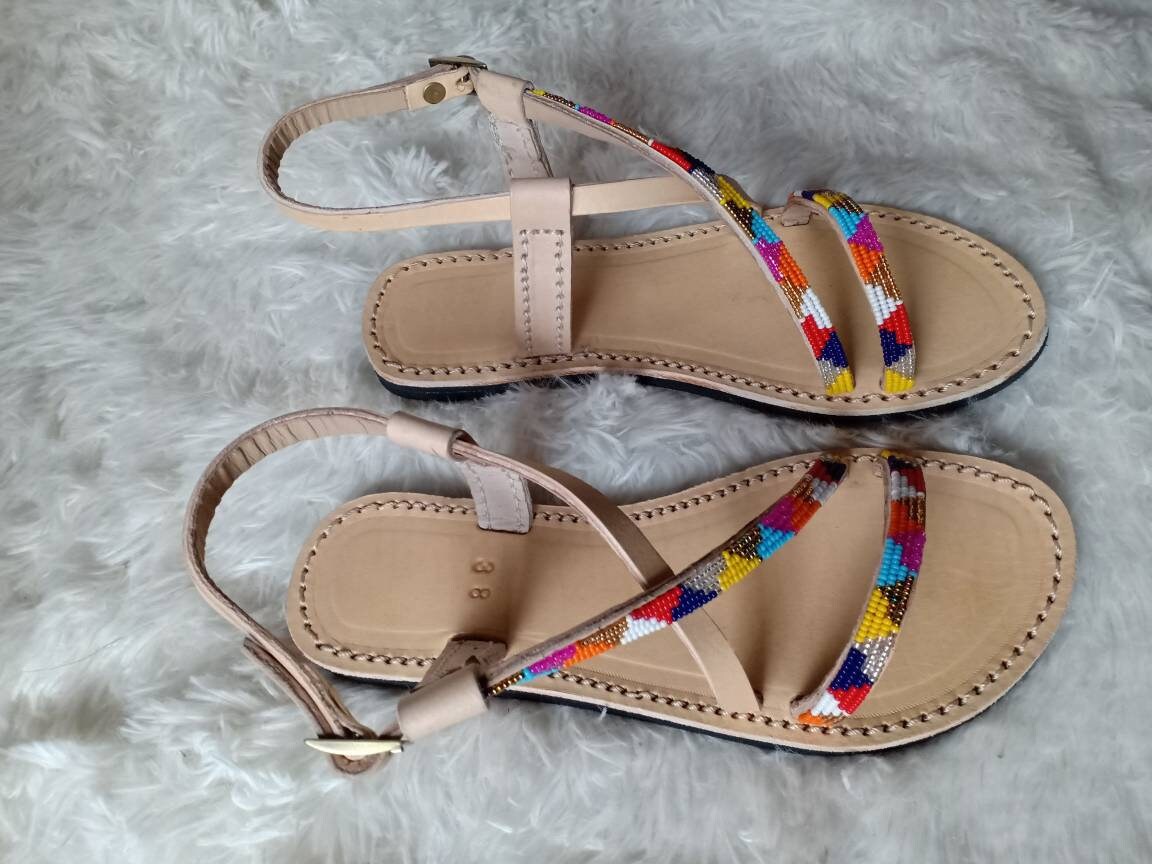 Handmade African Beaded Sandals/Authentic Maasai-Style Leather Flip-Flops Women/Boho Beach Sandals/Comfortable Summer Sandal African Gifts