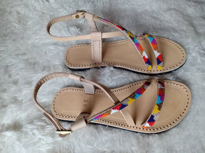 Handmade African Beaded Sandals/Authentic Maasai-Style Leather Flip-Flops Women/Boho Beach Sandals/Comfortable Summer Sandal African Gifts