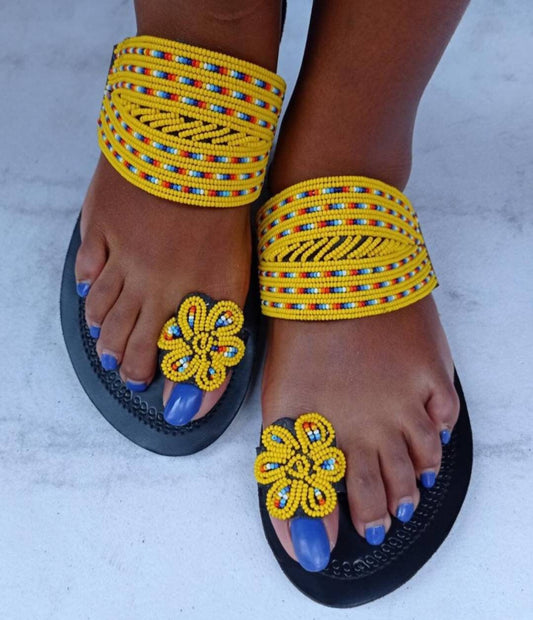 Handmade African Beaded Sandals/Authentic Maasai-Style Leather Flip-Flops Women/Boho Beach Sandals/Comfortable Summer Sandal African Gifts