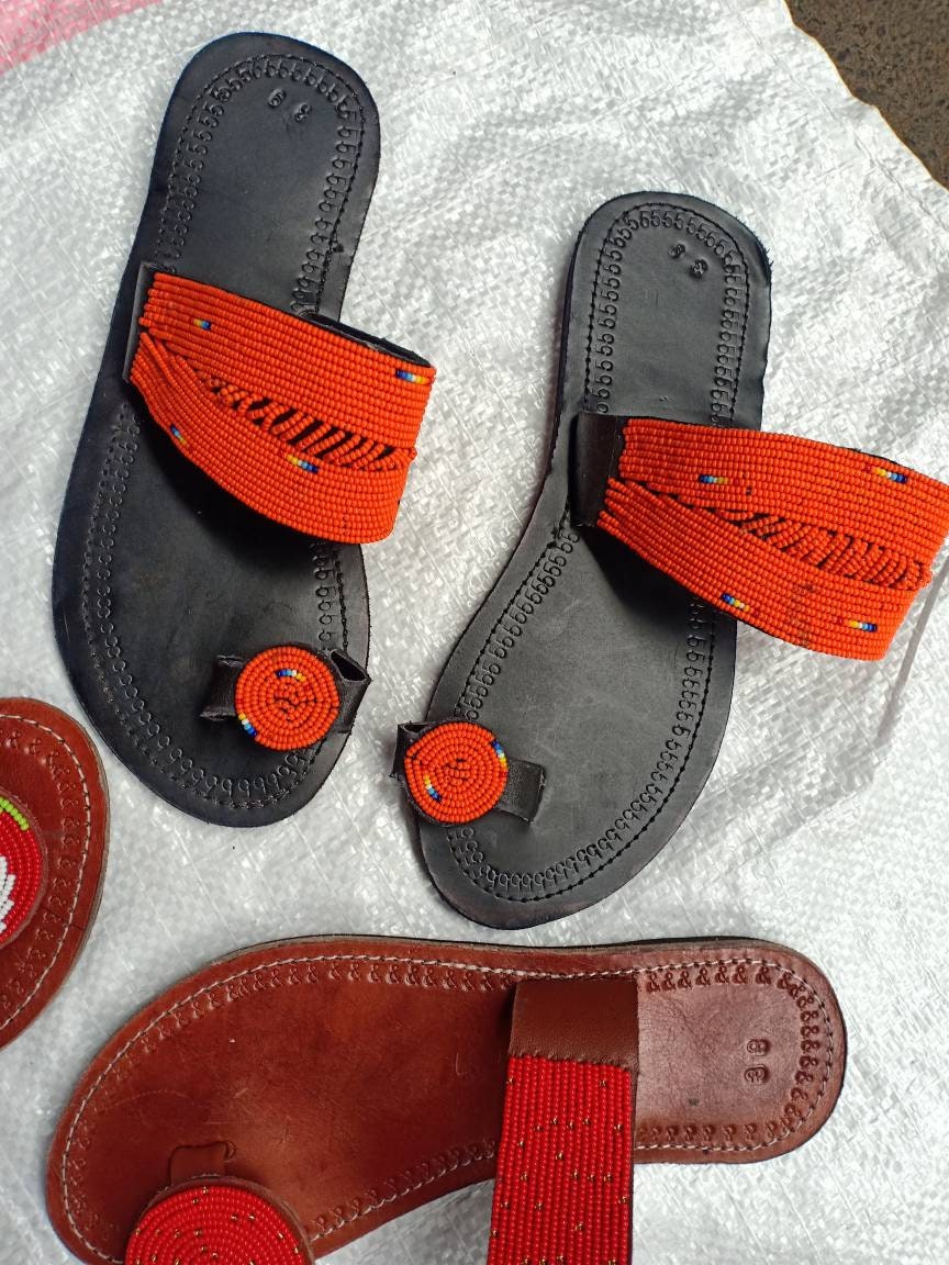 Handmade African Beaded Sandals/Authentic Maasai-Style Leather Flip-Flops Women/Boho Beach Sandals/Comfortable Summer Sandal African Gifts
