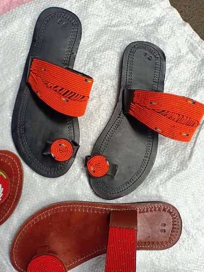 Handmade African Beaded Sandals/Authentic Maasai-Style Leather Flip-Flops Women/Boho Beach Sandals/Comfortable Summer Sandal African Gifts