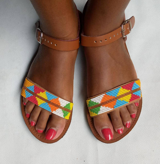 Handmade African Beaded Sandals/Authentic Maasai-Style Leather Flip-Flops Women/Boho Beach Sandals/Comfortable Summer Sandal African Gifts