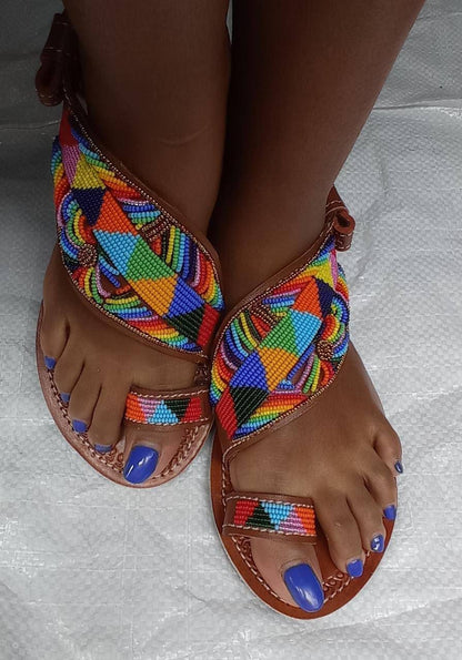 Handmade African Beaded Sandals/Authentic Maasai-Style Leather Flip-Flops Women/Boho Beach Sandals/Comfortable Summer Sandal African Gifts