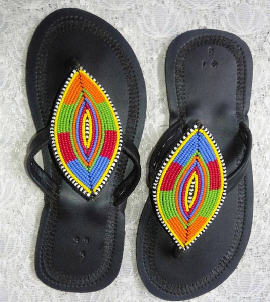 Handmade African Beaded Sandals/Authentic Maasai-Style Leather Flip-Flops Women/Boho Beach Sandals/Comfortable Summer Sandal African Gifts