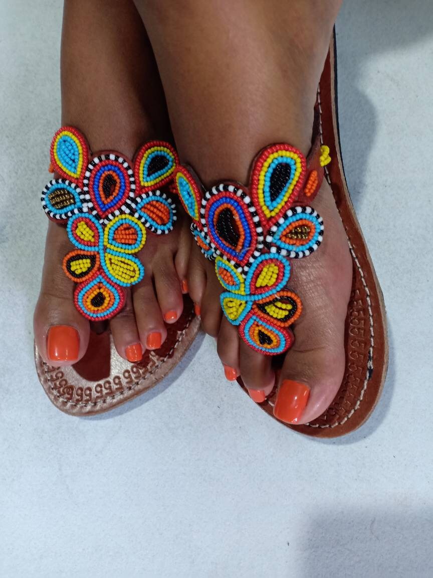 Handmade African Beaded Sandals/Authentic Maasai-Style Leather Flip-Flops Women/Boho Beach Sandals/Comfortable Summer Sandal African Gifts