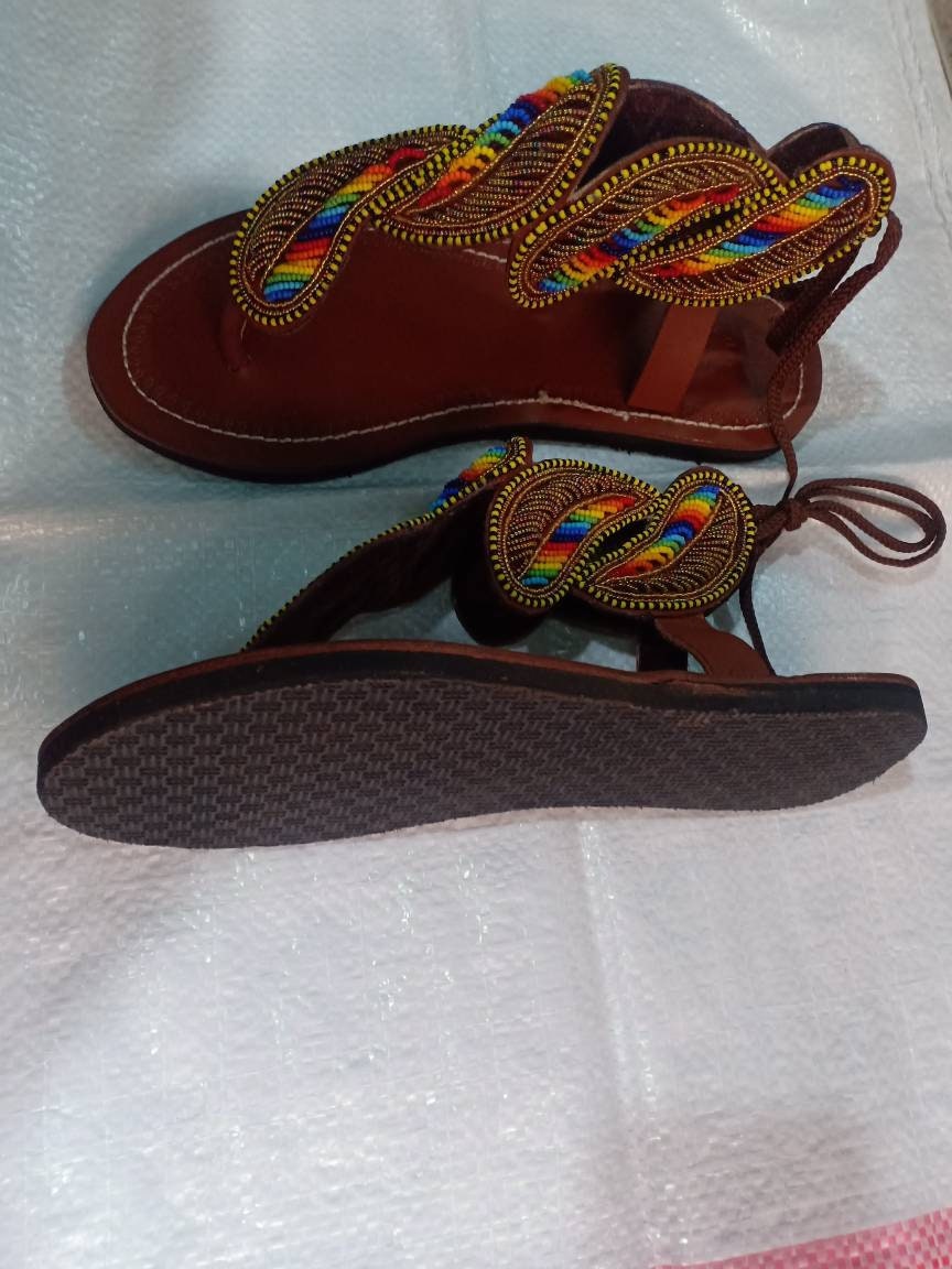 Handmade African Beaded Sandals/Authentic Maasai-Style Leather Flip-Flops Women/Boho Beach Sandals/Comfortable Summer Sandal African Gifts
