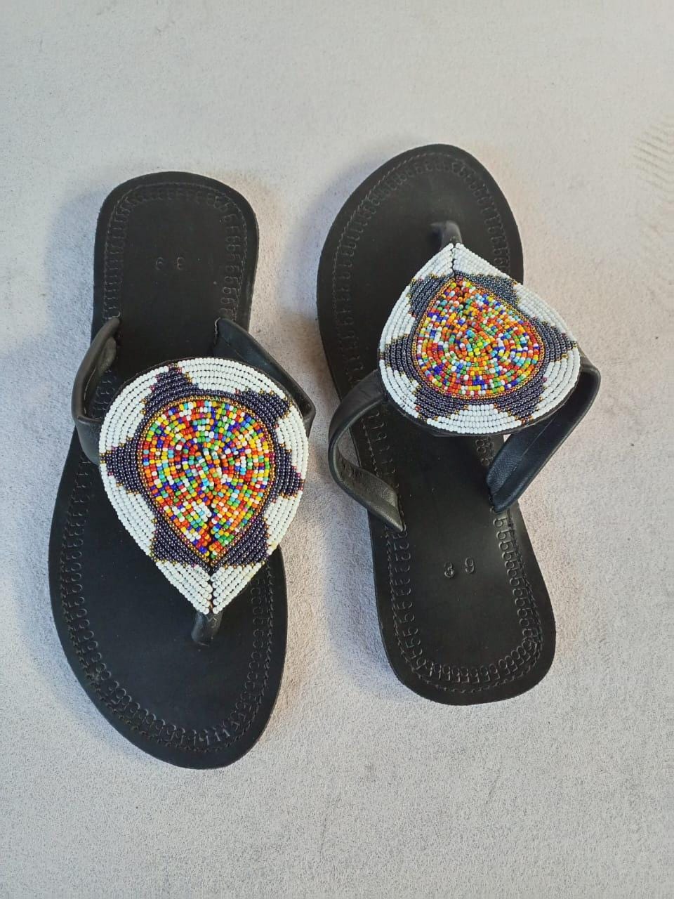 Handmade African Beaded Sandals/Authentic Maasai-Style Leather Flip-Flops Women/Boho Beach Sandals/Comfortable Summer Sandal African Gifts