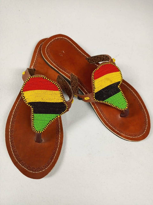 Handmade African Beaded Sandals/Authentic Maasai-Style Leather Flip-Flops Women/Boho Beach Sandals/Comfortable Summer Sandal African Gifts