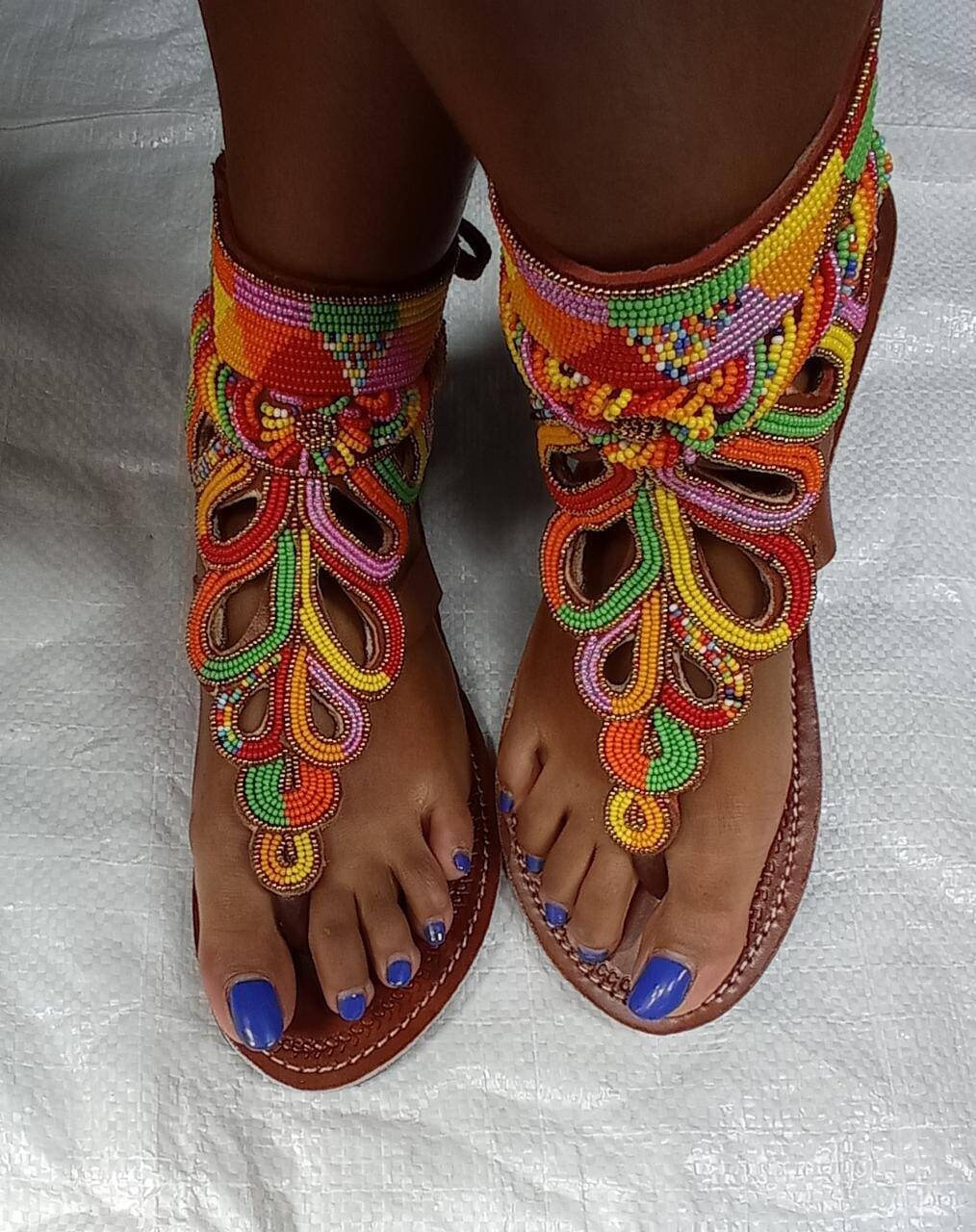 Handmade African Beaded Sandals/Authentic Maasai-Style Leather Flip-Flops Women/Boho Beach Sandals/Comfortable Summer Sandal African Gifts