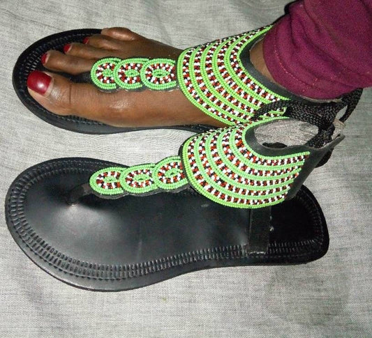 Handmade African Beaded Sandals/Authentic Maasai-Style Leather Flip-Flops Women/Boho Beach Sandals/Comfortable Summer Sandal African Gifts