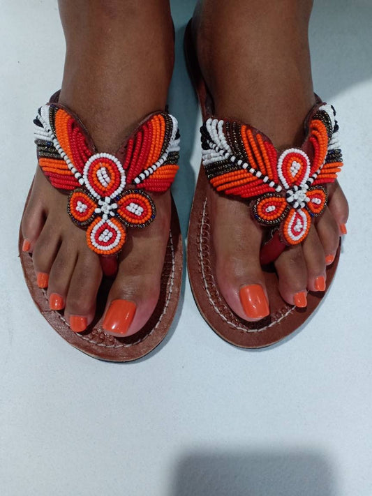 Handmade African Beaded Sandals/Authentic Maasai-Style Leather Flip-Flops Women/Boho Beach Sandals/Comfortable Summer Sandal African Gifts