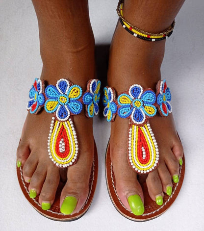 Handmade African Beaded Sandals/Authentic Maasai-Style Leather Flip-Flops Women/Boho Beach Sandals/Comfortable Summer Sandal African Gifts