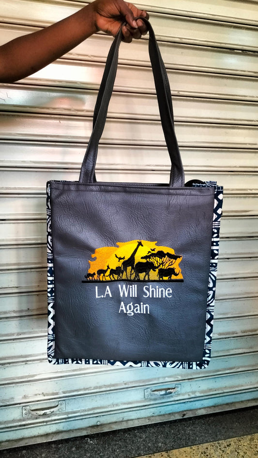 L A will Shine again African Leather Tote bag, handcrafted laptop bag,Black woman modern African tote bag, Stylish tote bag, Brown girl bag.