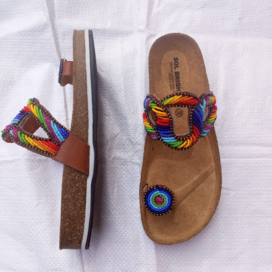 Handmade African Beaded Sandals/Authentic Maasai-Style Leather Flip-Flops Women/Boho Beach Sandals/Comfortable Summer Sandal African Gifts