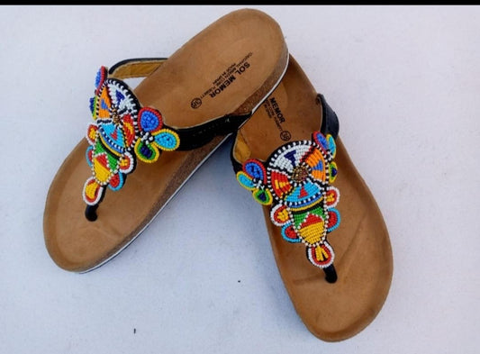 Handmade African Beaded Sandals/Authentic Maasai-Style Leather Flip-Flops Women/Boho Beach Sandals/Comfortable Summer Sandal African Gifts